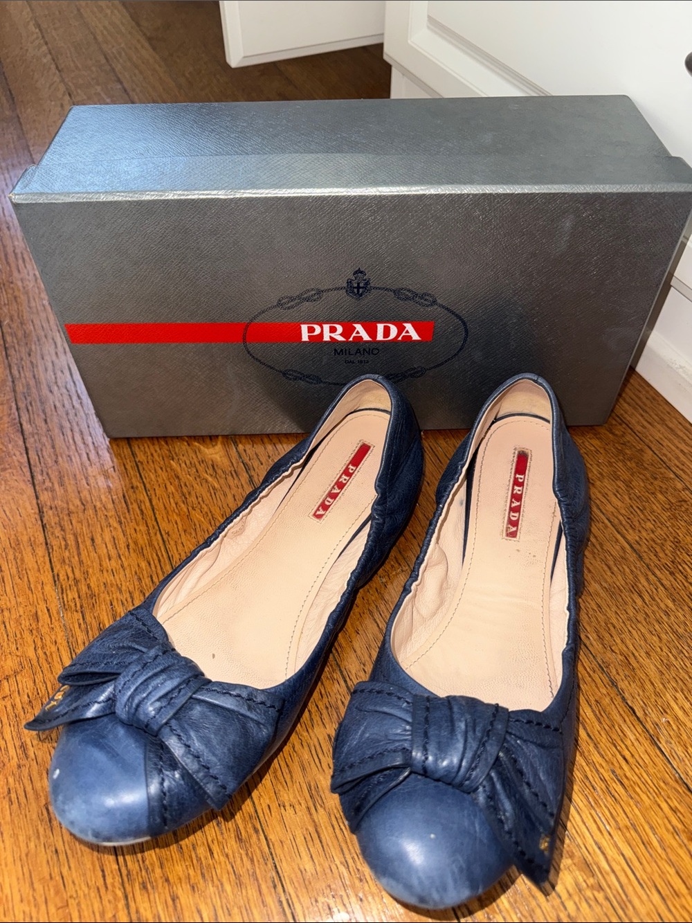 Prada Navy Leather Knot-Front Ballet Flats
